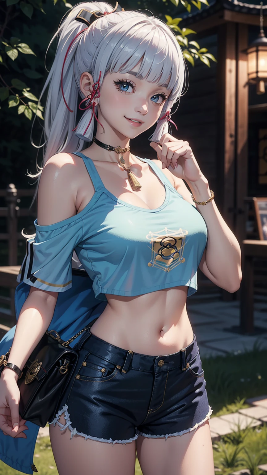 Masterpiece, high quality, 8k, ultra detail, ((kamisatoayakarnd)) standing, night,outdoors, (crop top), navel, (shorts), (off shoulders:1), choker, smile, armpit, (large breast), (nude arm)
