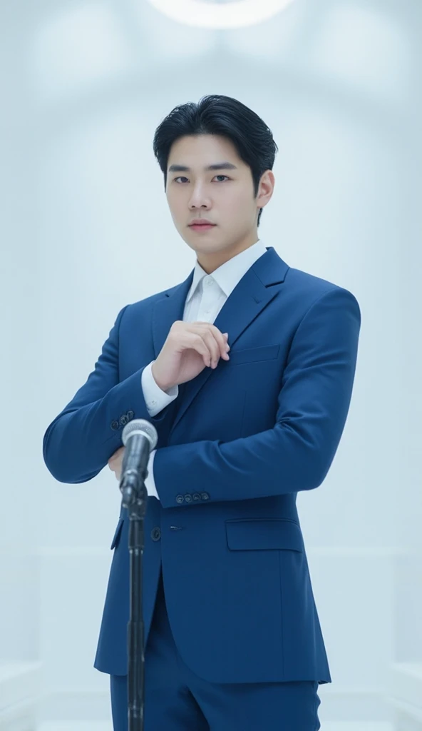1 man, Sturdy physique , college student style, perfect lighting, black hair, an Asian, Unreal Engine, side lights, youth bangs, light skin, Frontal face, casual suit, presentation, On campus, Put your hands down ,A little bigger in the upper body,
Posture of reading in front of a microphone