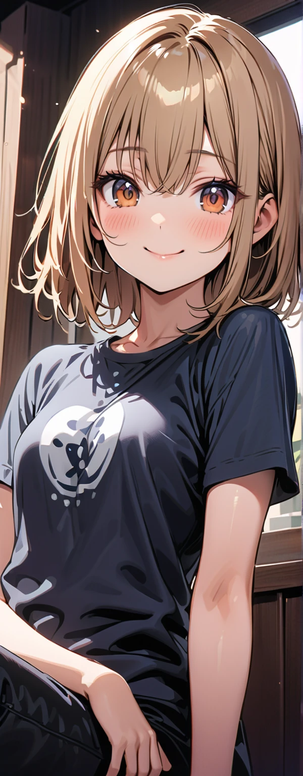 (((One girl))), blond hair, bob cut, big breasts, (cowboy shot), (looking at viewer), ((black shorts)), ((black crop top overhang)), face in focus, teenager, head tilt:1.3, (((blue eye))), ((happy smile)), ((blush)), arched back, ((arms up)), anime style, (best quality, 4k, 8k, highres, masterpiece:1.2, ultra-detailed, ultra-detailed eyes, HDR, UHD, studio lighting, ultra-fine painting, sharp focus, physically-based rendering, extreme detail description, professional, vivid colors, bokeh)