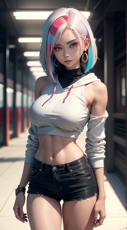 sfw, (hooded sweatshirt:1.1),((masterpiece)), ((best quality)), (ultra-detailed), ((extremely detailed)), 4K, (8K), best quality, (beautiful), extremely detailed,young girl, Cool Girl,(1girl), solo,bob cut,side braid,(two-tone coloring:1.6),beautiful white hair,(beautiful red hair),beautiful pink eyes, beautiful lips,(small breasts:1.2),slim, sad smile, earrings,(Lots of earrings),Ear Body Piercing, wearing bra,((skinny waist)), young asian girl, ((big breasted)),