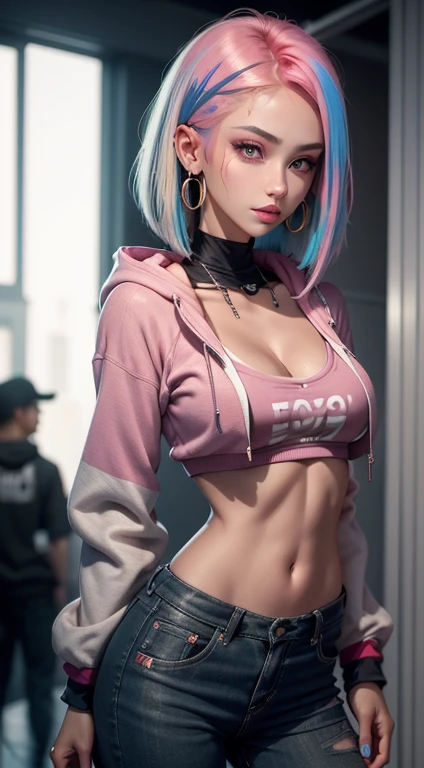 sfw, (hooded sweatshirt:1.1),((masterpiece)), ((best quality)), (ultra-detailed), ((extremely detailed)), 4K, (8K), best quality, (beautiful), extremely detailed,young girl, Cool Girl,(1girl), solo,bob cut,side braid,(two-tone coloring:1.6),beautiful white hair,(beautiful red hair),beautiful pink eyes, beautiful lips,(small :1.2),slim, sad smile, earrings,(Lots of earrings),Ear Body Piercing, wearing bra,((skinny waist)), young asian girl, ((big breaste