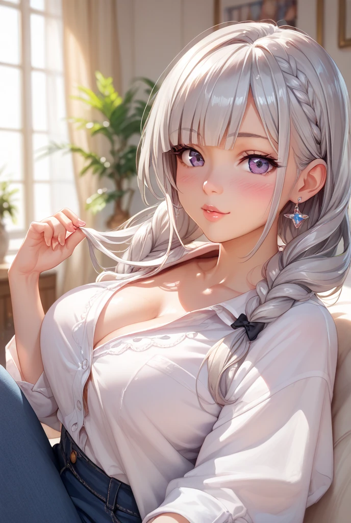 landscape of an woman, landscape of a very beautiful woman, (((cowboy shot))), photography with Fujifilm XT3, depth of field, film grain, female focus, Nao Tomori/(Charlotte/), anime style, (((lie sideaways)))!!!, (lie sideaways on the floor), looks at the camera with beautiful blue eyes, Ultra detailed eyes, (Beautiful blue eye's like sapphire :1.40)!!, Stars in her fixed eyes, (homochromatic eyes)!!!, seductive smile, beautiful smile, gorgeous smile, (Blush)!! Perfect nose, Cute little nose, Earrings, beatiful face, Face Clean, Skin, hyper realistic, Incredibly detailed face, hyper detailed face, A face with a lot of detail, Perfect eye shadow, wink, Hyper-Detailed Eyes, Hyper-detailing of eyebrows, Hyper-detailed eyelashes, white hair between eyes, White hair bangs, (ultra shine white hair)!!, (curvy hair with double tied up)!!, ((dynamic composition)), ((Bare Shoulders))!!, detached sleeves, (((school uniform)))!!!, detailed realistic clothes, neck garter, necklace, seductive armpit, plump breasts, (breast cleavage)!!, ultra seductive temptation, open skirt, slim legs, petticoat, fishnet legs, stockigs, smooth thighs cleavage, garter thighs, leather shoe, erotic, Best Quality, Masterpiece, Ultra-detailed, Beautiful, hight resolution, Original, CG 8K, perfect photo, dramatic lighting, (Realistic) Realistic, Full HD, Best Quality, Best Quality, Beautiful lighting, (8k wallpaper of extremely detailed CG unit), High Details, sharp-focus, The art of dramatic and photorealistic painting, ((In floor)), dynamic composition