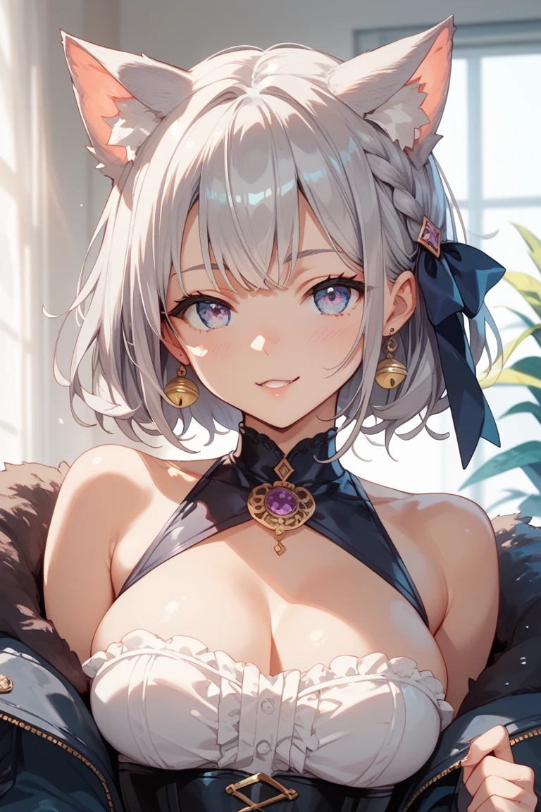 Absolutely beautiful cat lady, perfect slim body, mature royal sister, gray hair, royal sister face, maid outfit, sexy and alluring, beautiful face, bust, 4K picture quality, big body, feminine expression, blush shy, large bust, deep eyes, half naked