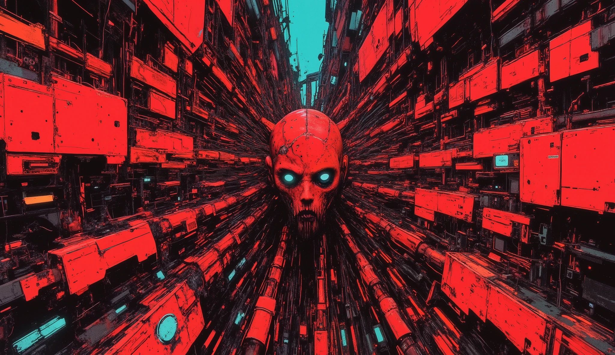 (best quality,4k,8K,high resolution,Meisterwerk:1.2),ultradetailliert,(realistisch,fotorealistisch,fotorealistisch:1.37), a neon , mechanical biomorphism, Horror Kunst,aufwendige Details,maximalistic perfect illustration,digital painting art ,Quantenwelt,Ort der Angst,surreal,dunkel,bedrohlich,albtraumhaft,verdreht, disturbing , disturbing ,weltfremd, Zusammenfassung ,Geometrisch, futuristisch,Cyberpunk,Chiaroscuro,dramatisches Licht,gloomy atmosphere,satte Farben,tiefe Schatten,Leuchtende Elemente, disturbing anomalies, inumanoid robot in the foreground multiple arms. Rote Stimmung