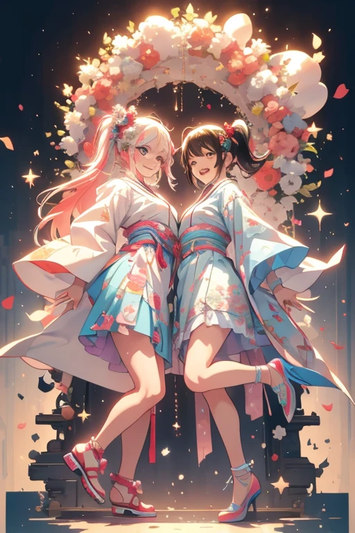 16k,Two-dimensional girls,Long flowing hair in light yellow(1:1.5),Cherry blossom pink white eyes,Fallen leaf hair ornaments(1:1.25),White and light yellow color-block short skirt Chinese dress,(In the upper left corner of the chest there is a solid decoration similar to pudding),White suspender stockings((There are golden moire patterns on the thigh of the right leg)),Stand up,Very cute。