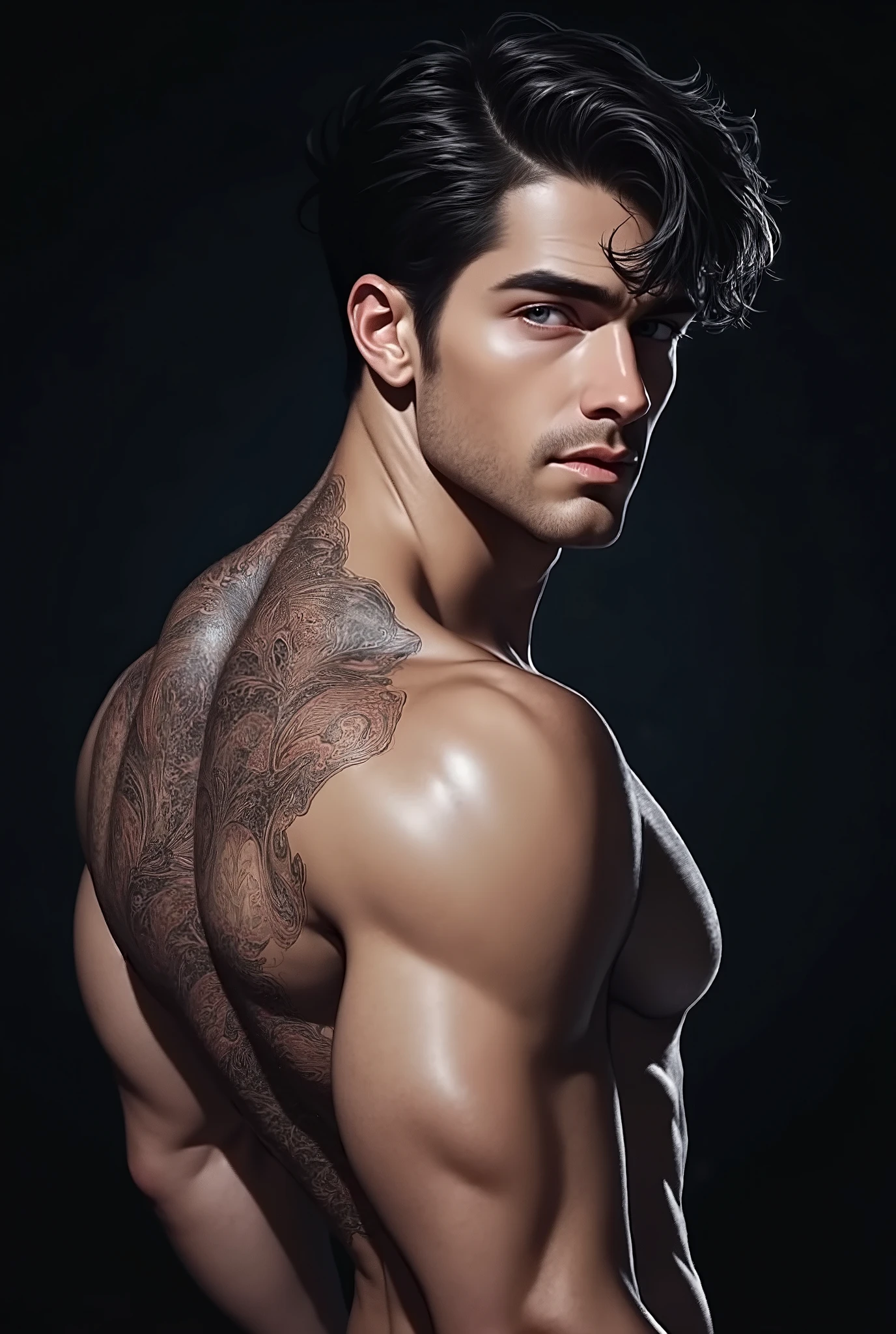 Sexy brunette man with samurai tattoo on his back