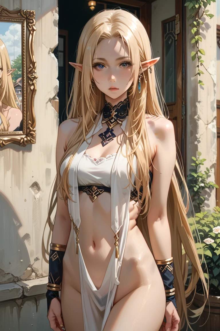 ((Highest quality)),(Ultra-high resolution),(Super detailed),(Detailed Description),((The best CG)),(masterpiece),Highly detailed art,(Art with precise detail:1.5), (Female Elf:1.4),(Hiding one eye:1.8),(Inward curl:1.6),(Gorgeous blonde:1.5),(Thin body:1.4),(Small breasts:1.6),