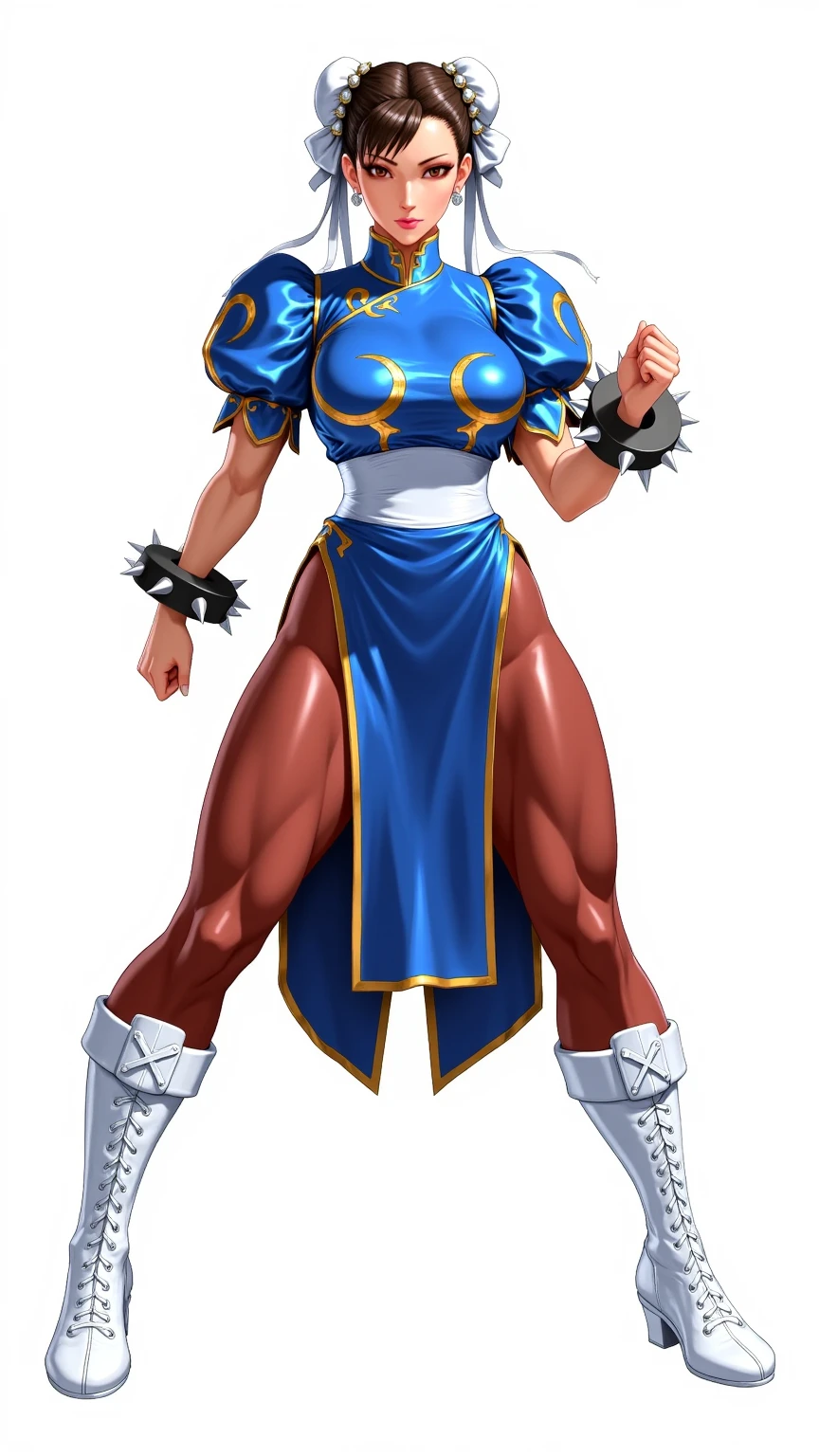 Show entire body, feet in view, Chun-li, double bun hairstyle, blue classic chin-li outfit with dark brown pantyhose, karate kick, she isn’t wearing shoes