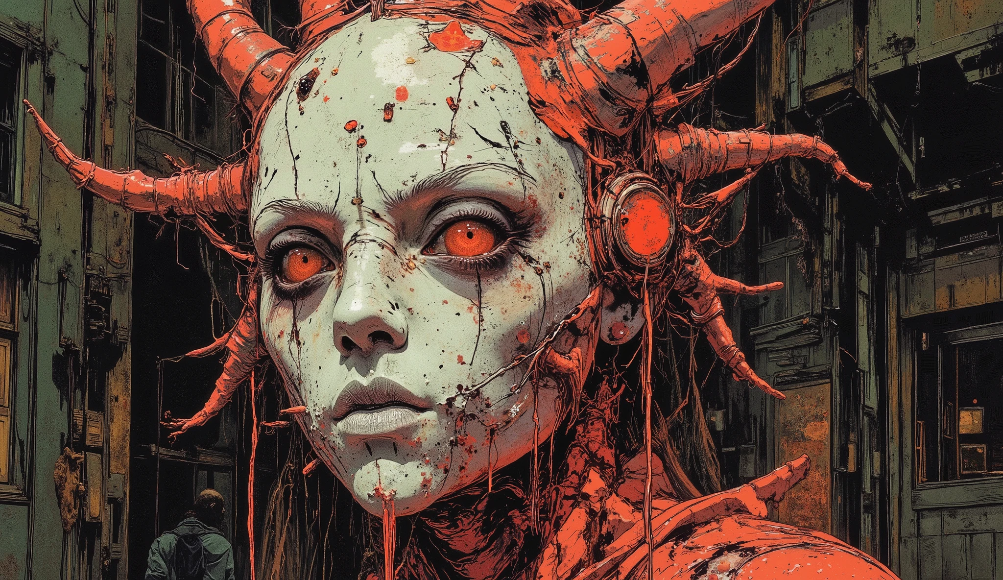 Artwork of a magnificent (( scary and gloomy )), ((gebrochen)), ((makaber)), ((morbid)), ((gesplittert)) (((porcelain carnival sexy mask))), ((sexy)), ((Glamour)), ((Rokoko)), ((big saggy breasts)), ((verzierte Piercings)), ((ornate decorations))