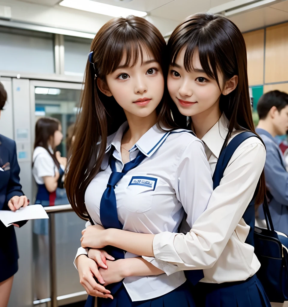 2 Cute High School Students 、( high school girl in uniform)、Full body photo撮影、(Get on a crowded train、(Inside a crowded train))、(Bian、homosexuality)、(Hug:1.4、があなたを後ろからHugます:1.4)、 Expressions of joy 、Ecstasy、Full body photo、In a high school uniform、(perfect anatomy、 Attractive)