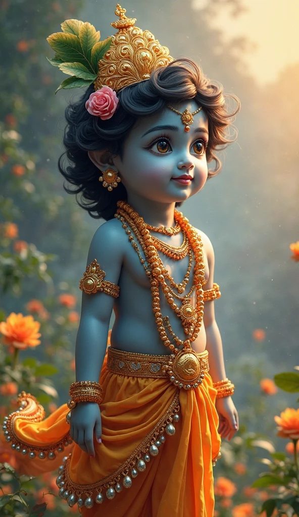 Fetch me an image on janmashtami of little krishna of single colour of darker shades of background black and brown more realistic