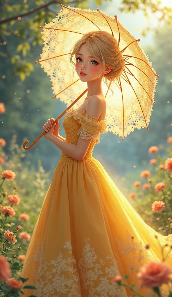 Girl with parasol stands in a flower field on sunny day and looks happy. The parasol is yellow with white tip. The girl has a short, blonde bop and wears a yellow dress.