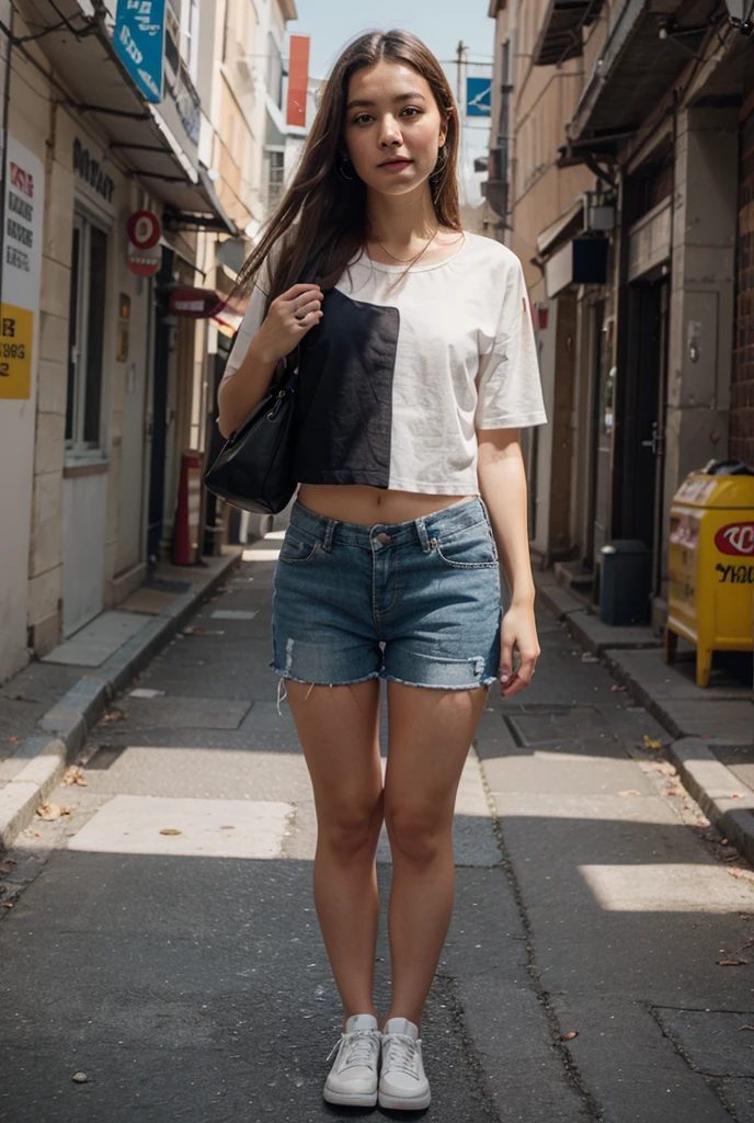((medium breast, tomboy girls, small head)), daylight, sunlight, (chiseled abs : 1.1), (perfect body : 1.1), (short wavy hair : 1.2) , auburn hair, collar, chain, full body shot, crowded street, wearing black tanktop, jeans jacket, ((shorts)), (extremely detailed CG 8k wallpaper), (an extremely delicate and beautiful), (masterpiece), (best quality:1.0), (ultra highres:1.0),  beautiful lighting ,perfect lightning, realistic shadows, [highres], detailed skin, ultra-detailed