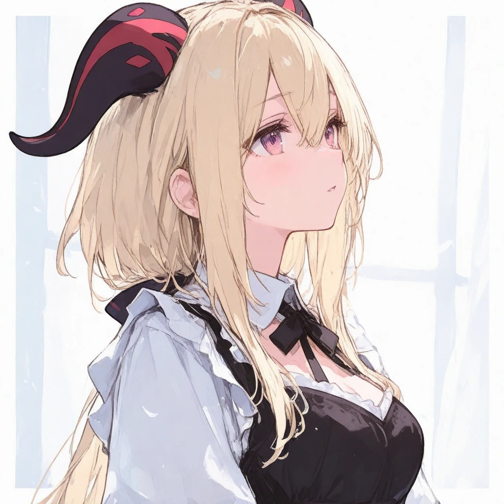 we just need to look at the face of this anime girl to know her true intention, 1girl, solo, dark skin, horns, dark-skinned female, pointy ears, maid, hair over one eye, apron, short sleeves, maid headdress, orange eyes, looking at viewer, puffy sleeves, short hair, puffy short sleeves