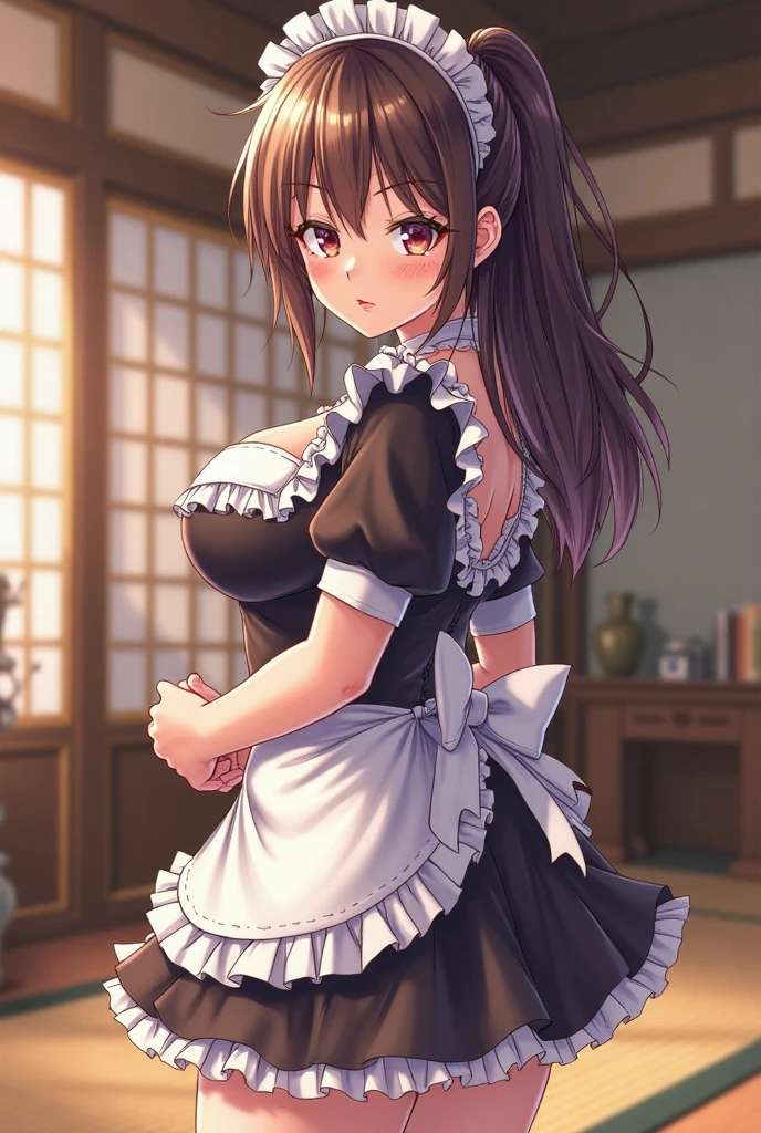 best quality,masterpiece,1girl, solo, (torn clothes:1.3), ,maid headdress, maid, apron, short sleeves, dress,,in garden,blur background,background defocus