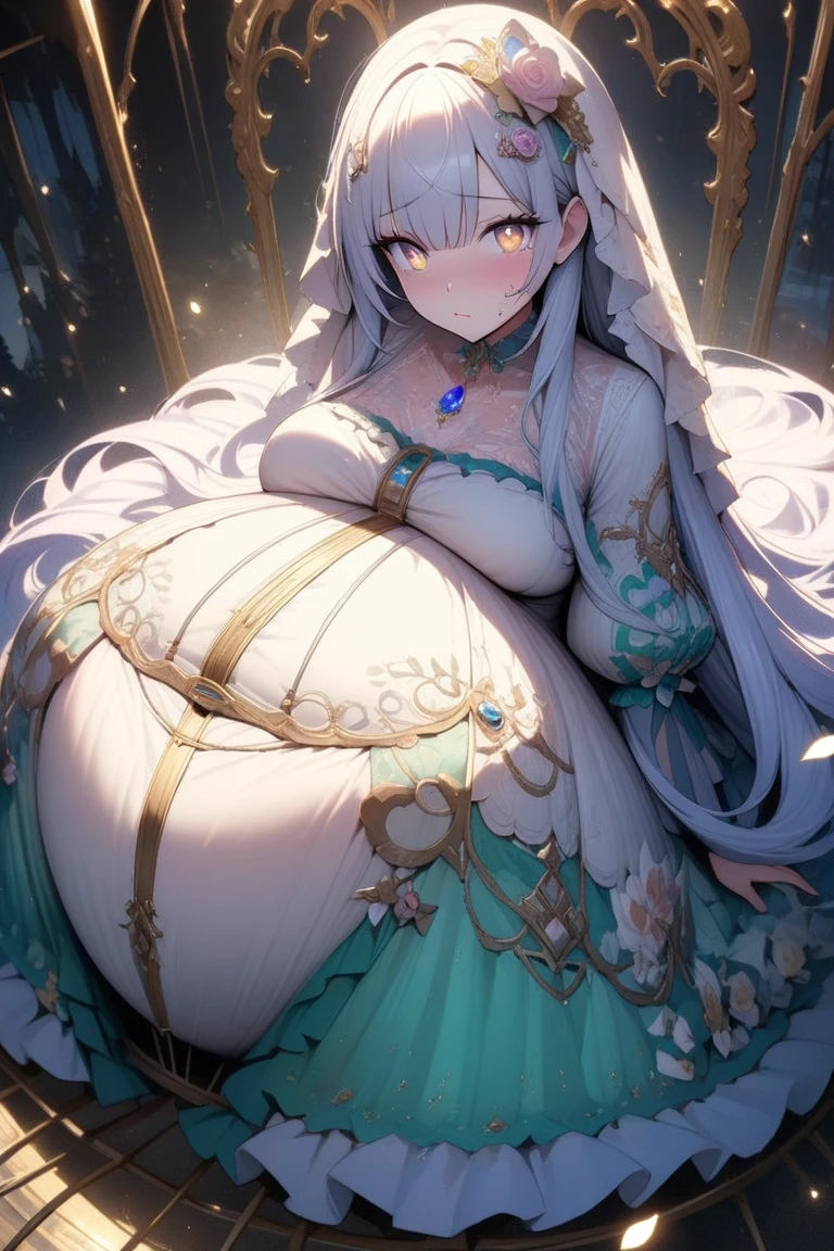 ((anime artstyle)),(Masterpiece),(Best Quality), (Super Detail),((Very Delicate and Beautiful)),Focus on character,Dynamic Angle,Looking at viewer,((Solo)),standing,(((full body))),(((one evil pregnant princess in gorgeous ball gown with voluminous skirt))),detailed face and eyes,((heavily pregnant)),((clenched teeth,blush)),embarrassed,jewel-like eyes,((Very Long voluminous Hair)),gorgeous embroidery and lace,See-through,ornate ruffles,Gorgeous jewelry ornaments,luxury hair ornament,luxury and evil tiara with jewels,(gigantic breasts,Long breasts),full body,(((evil and dark atmosphere))),full body,heavily pregnant,(inside of prison),jeweled evil ball gown,(((gorgeous ball gown with voluminous skirt)))