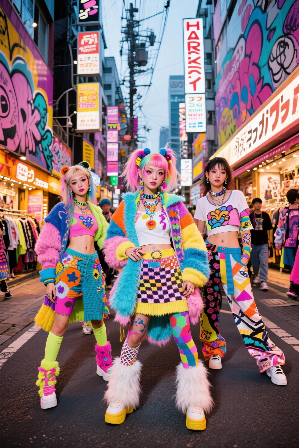 Full body shot of an Thai woman wearing colorful streetwear that says "Unikawa Araso", White shoes, with long colorful dreadlocks, box braids, colorful pigtails, lisa frank style, colorful!!!, posing for a stylish photo shoot candid, she is happy and smiling, teal long braided hair, bright color, bright color, with aqua neon dreadlocks, multi-colored, lisa frank style, colorful hair, turquoise pink and green, outdoor background, photorealistic, ultra high definition, 16K