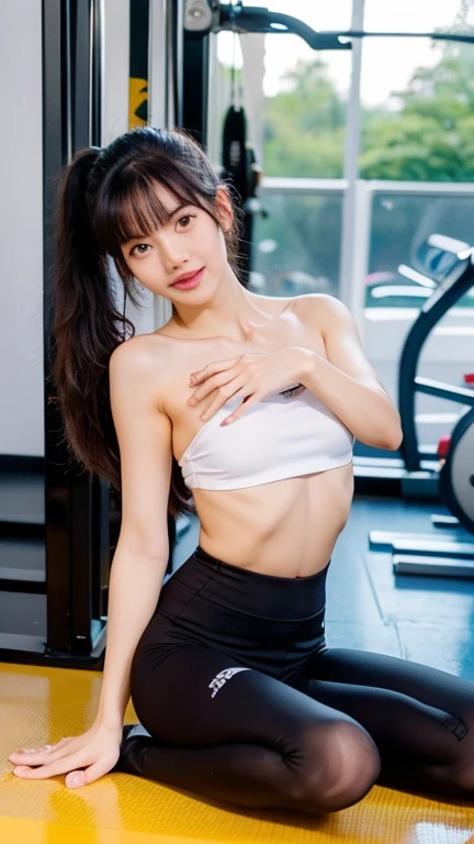 1girl, japanese idol, seductive smile, pussy, bottomless, black sports bra, lying, on back, from front, blush,, (wet hair), (wet), uncensored, spread legs, (gym), (workout), RAW photo, NSFW, pov, an extremely delicate and beautiful, masterpiece, ultra high res, detailed lighting, octane render, CG, unity, wallpaper, realistic