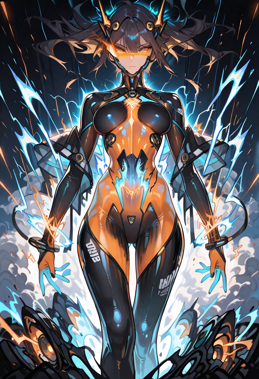 ((Best quality)), ((masterpiece)), (detailed: 1.4), ((bold)), Robot pilot woman muscular body defined, Neon evangelion style, half thick naked thighs, closed mouth, only panties, muscular body parts covered by technological clothing, (((medium breasts)) perfect, generous neckline, ((black outfit with orange details)), Holland, pastel, (((mechanical arm))), airplane wings on the back, dark brown straight hair with straight bangs on the forehead, short underwear, garter belt, by mucha, niji --V5, close to real, best quality, almost naked, psychopath, crazy face, sexy pose, psychedelic background, 2 piece clothing, Holland symbol designs, cyberpunk, dark blue bra with a rampant lion, pointed shoulder pads, blue eyes without pupils, HDR (High Dynamic Range),Ray Tracing,NVIDIA RTX,Super-Resolution,Unreal 5, Subsurface Dispersion, PBR Texture, Post-processing, Anisotropic Filtering, Depth of Field, Maximum Clarity and Sharpness, Multilayer Textures, Albedo and Specular Maps, Surface Shading, Accurate Simulation of Light-Material Interaction, Perfect Proportions, Octane Render, Two-Tone Lighting, Wide Aperture, Low ISO, White Balance, Rule of Thirds, 8K RAW, Crysisnanosuit