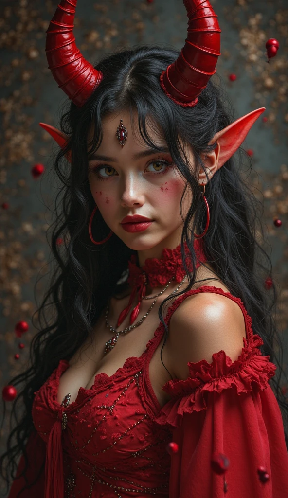 The elf is beautiful, elf ears, makeup red lipstick full-length mascara tattoo all over the body