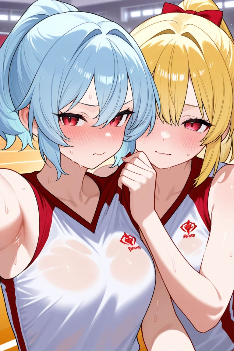 (Browsing Caution),(Two Girls:1.3),Front view,straight,duo,Upper Body,Kneel,masterpiece,Highest quality,so beautiful,Absurd,Alongside,line up,(concentrated),(Assertive_woman),(Light Hair),(Large Breasts),Micro Bikini, Completely naked,(Bright yellow hair),(Light blue hair),(Open your mouth),(White Breath:1.5),(straight-on),