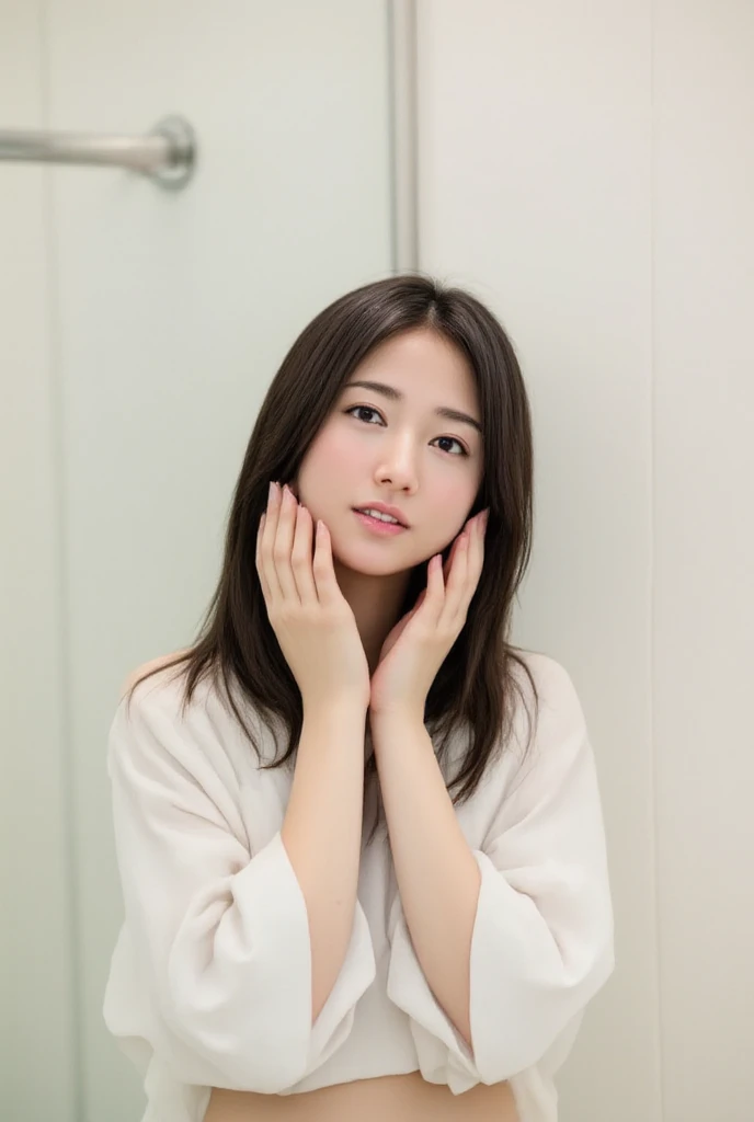 Close-up portrait of woman wearing white towel and posing for photo, wearing translucent sheet, wearing white camisole, a young asian woman, Young Asian Woman, White background : 3, wearing white outfit, Wearing a towel, wearing white cloths, cute young woman, elegant japanese woman, 奈良美智, Young Asian Girl