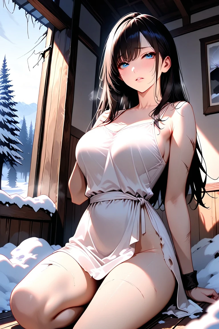 Girl with tan skin with big breast and dark hair thats wavy  sitting by a snowy mountain