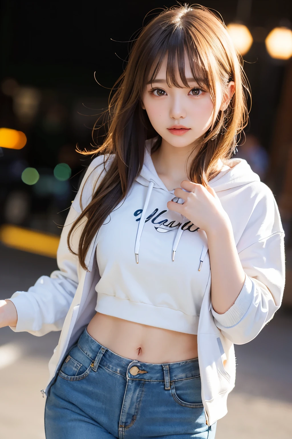 1 girl, G cup woman、Tie your hair up、Single bun hair、Cafe、Going out to play、Snapshots in Shibuya, Tokyo、(hoodie and jeans、Photo from the waist up:1.2), (RAW Photos, highest qualそれy), (Realistic, Realistic:1.4), Tabletop, Very delicate and beautiful, Very detailed, 2k wallpaper, wonderful, finely, Very detailed CG Unlimited 8K wallpaper, Very detailed, High resolution, Soft Light, Beautiful detailed girl, Very detailed目と顔, Beautiful and sophisticated nose, Finely beautiful eyes, Cinema Lighting, Perfect Anatomy, Slender body, Was nervous, 
Straight semi-long hair, bangs, Looking at the audience, smile.medium breasts.