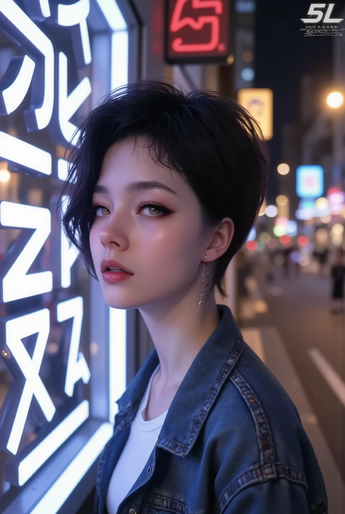 Stunning stylized digital art of an interesting young girl in close-up, expressive slightly closed eyes under long thick eyelashes, pronounced cheekbones, plump shiny moist lips, dark detailed hair, asymmetrical bangs, careless hairstyle, denim jacket, white blouse, girl leaning against a neon sign on a city street at night, night, neon signs, side, high detail, a mix of realism and illustrative style, imitation of hand-made art, sketching, ink style, drawing