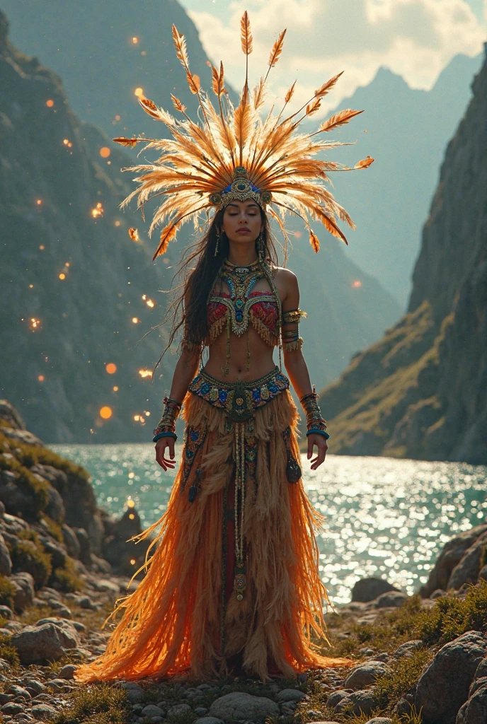 A beautiful and elegant goddess dancing while causing the northern lights while a tribe of indigenous people look at her in amazement and hope