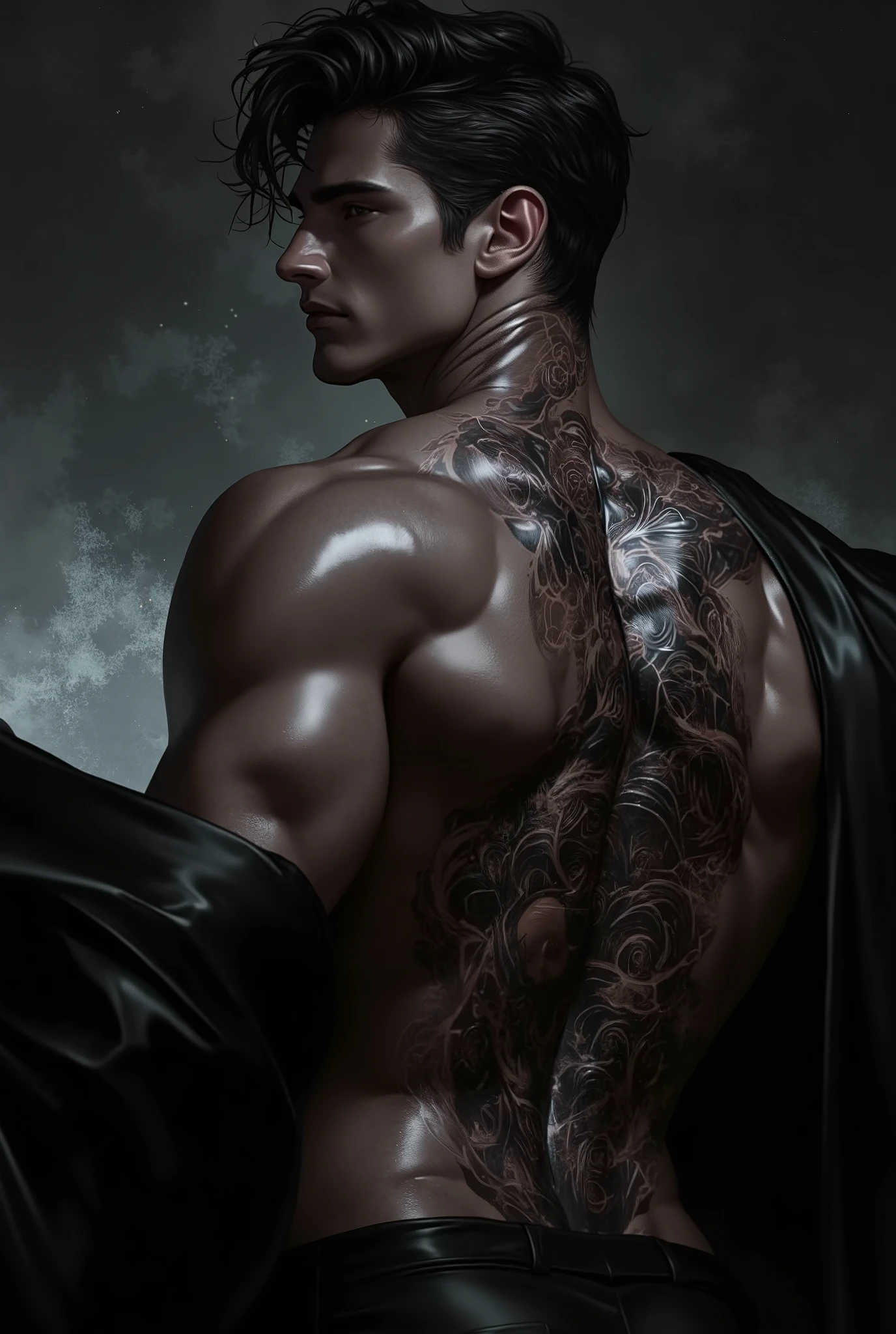 Sexy black man with samurai tattoo on his back
