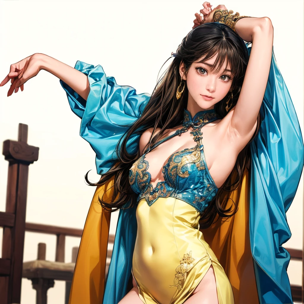 top-quality、tmasterpiece、Very high resolution、super high image quality、High-quality pixels)、perfect eyes, perfect face, perfect body figure,solo,8K, large breast,(Detailed description of hair), (Detailed description of face),(Detailed description of body), fair and clear skin, matchless beauty, long legged, dark grey long hair details expressed, The details have been upgraded,green eyeball color,model posture,cowboy shot,age over 20s,single_hair_bun, hairpin, hair_intakes, chinese_clothes, blue dancing clothes, plum blossoms