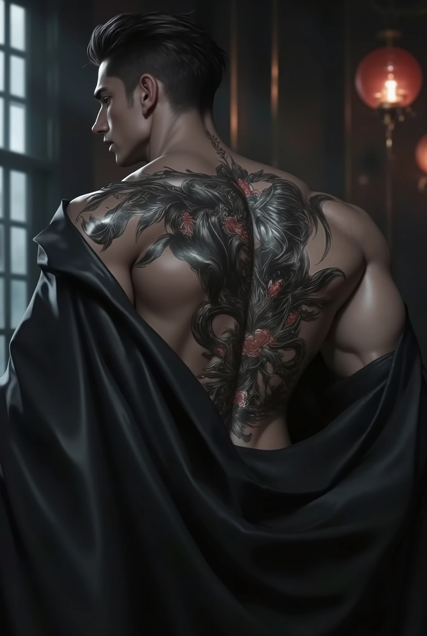 Sexy black man with samurai tattoo on his back