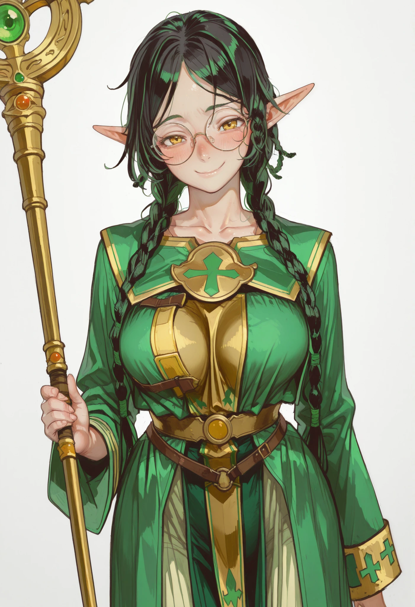 score_9, score_8_up, score_7_up, score_6_up, score_5_up, score_4_up,
BREAK
(masterpiece: 1.0), best quality, perfect anatomy, perfect composition, perfection,
BREAK
cinematic lighting, cannedmos
BREAK
1girl, DND character art. Smile, elf, blush, fair skin, golden eyes, holding quarterstaff, golden and green cleric outfit, round glasses, double braids, front facing braids, simple background,black hair. Torso shot, collarbone