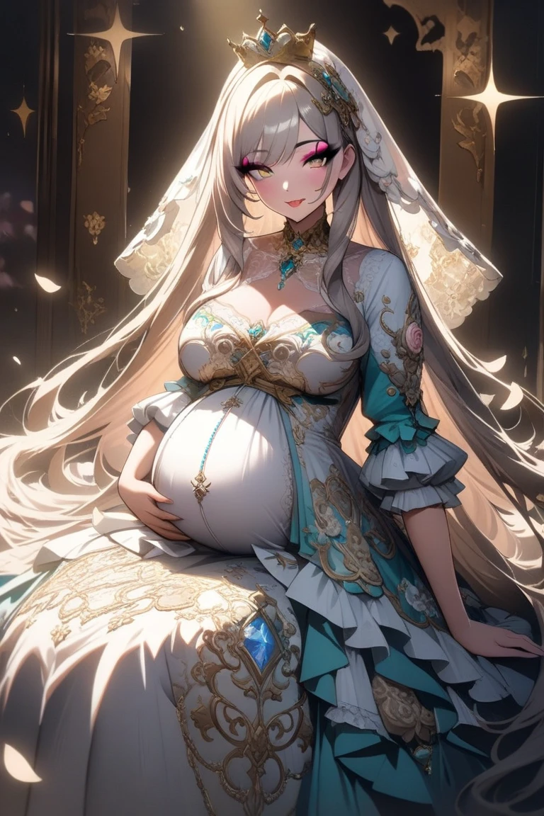 ((anime artstyle)),(Masterpiece),(Best Quality), (Super Detail),(Highly Detailed CG Unity 8k wallpaper),((Very Delicate and Beautiful)),1 pregnant girl,((full body portrait)),((standing in garden)),((solo)),(((1 heavily pregnant princess in gorgeous embroidery and jeweled extremely gorgeous rococo princess ballgown with voluminous full length hoop skirt))),(((heavily pregnant))),(((huge crinoline hoopskirt))),long train,((gorgeous embroidery and jeweled)),voluminous frills,See-through,(((extremely gigantic tits,skindentation))),cleavage,((absurdly Long Straight Hair,extremely voluminous Straight long Hair,absurdly Long Straight Hair)),(finely detailed face and eyes),((embarrassed)),anguish,clear pupil,extremely gorgeousfull hair ornament,(bling-bling jeweled extremely gorgeousfull tiara),((bling-bling gorgeous gemstone jewelry)),gorgeous long veil,((ultra long gloves)),(beautiful background),(full body),((gorgeous embroidery and jeweled extremely gorgeous rococo princess ballgown with voluminous full length hoop skirt))