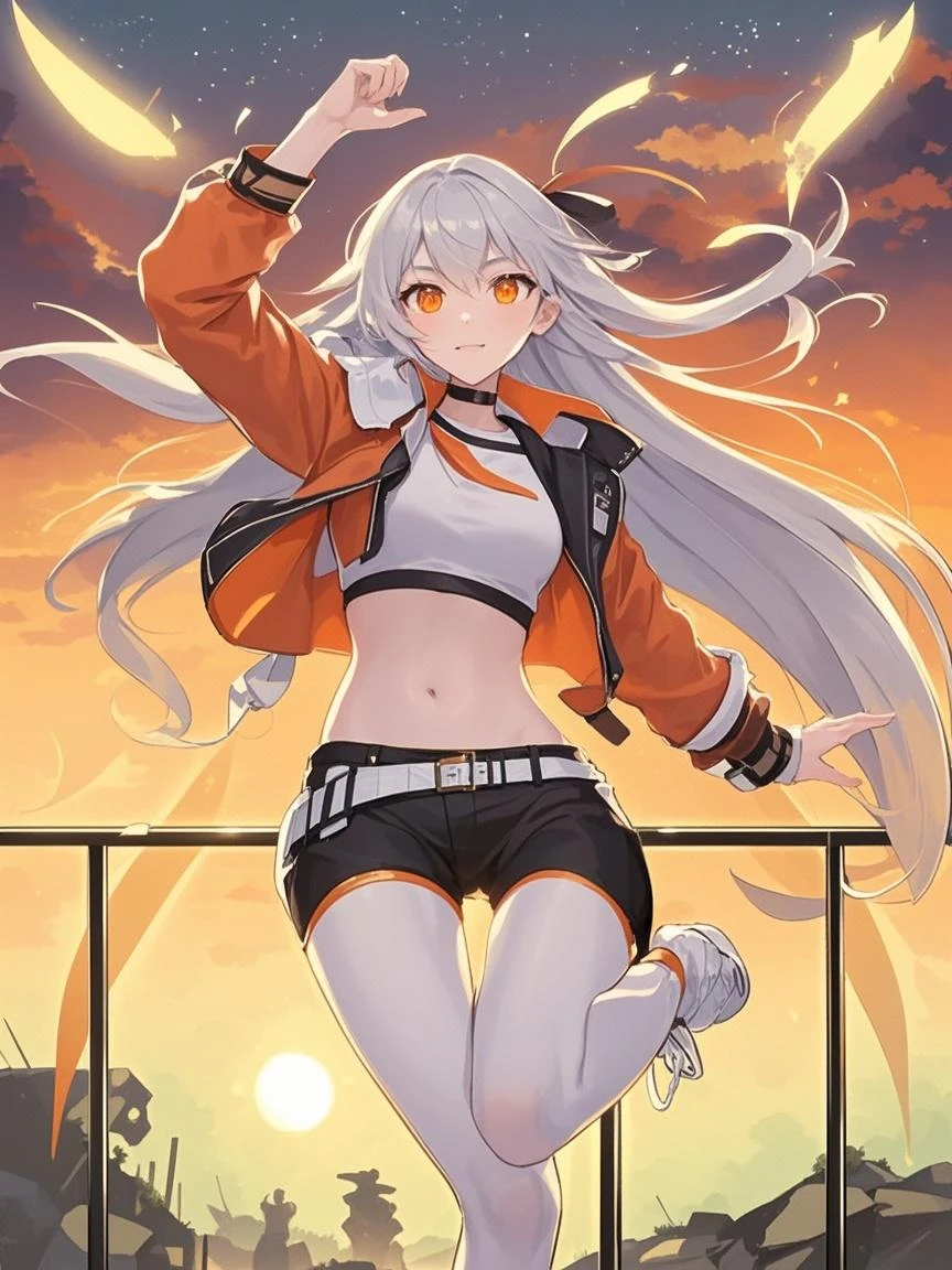 1girl young, attractive woman with long white hair and two golden orange eyes. She wears a white miniskirt with black and magenta accents, orange/black boots, and black stockings, evil smile, no shoes, wolf ears,