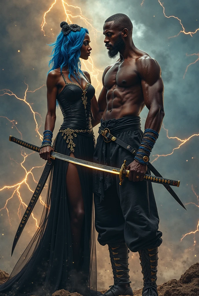 A warrior with two sabers the man is black he has short white hair he is quite muscular he has a styler like Roronoa Zorro he is 2 less muscular he is with a young woman with tousled blond hair who has a black mark on her cheek the girl's arm is made from black magic the girl is a demon