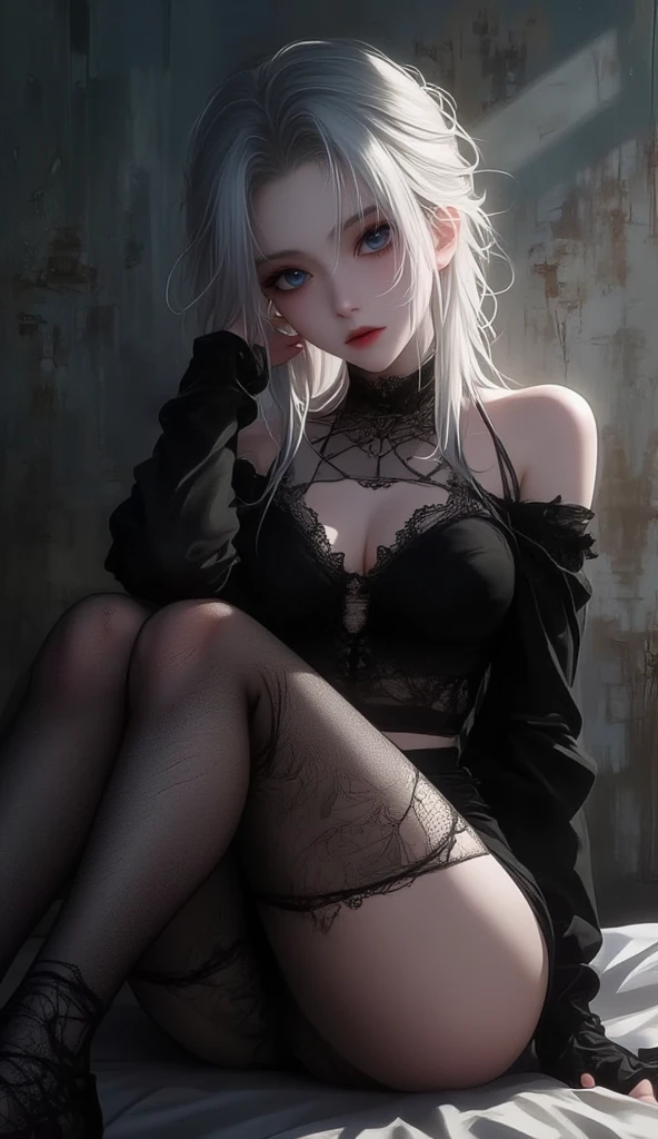 (Girl lying on fur bed),Portrait Photography, Realistic, High resolution, 1 female, alone,, Beautiful Eyes, Close your lips, Detailed face, Gray Hair, Long Hair, Collared shirt, Black tie,Black Skirt, Pencil Skirt, Fur coat, stockings,(Black lace panties are visible)