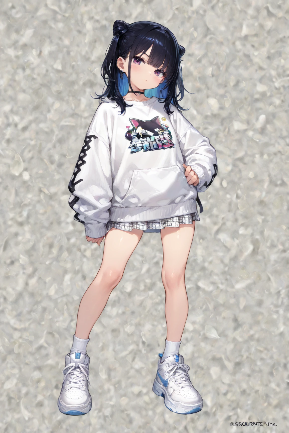 child，（​masterpiece，Highest Quality），Light grey short-sleeved hoodie，skirt by the，A dark-haired，Spy