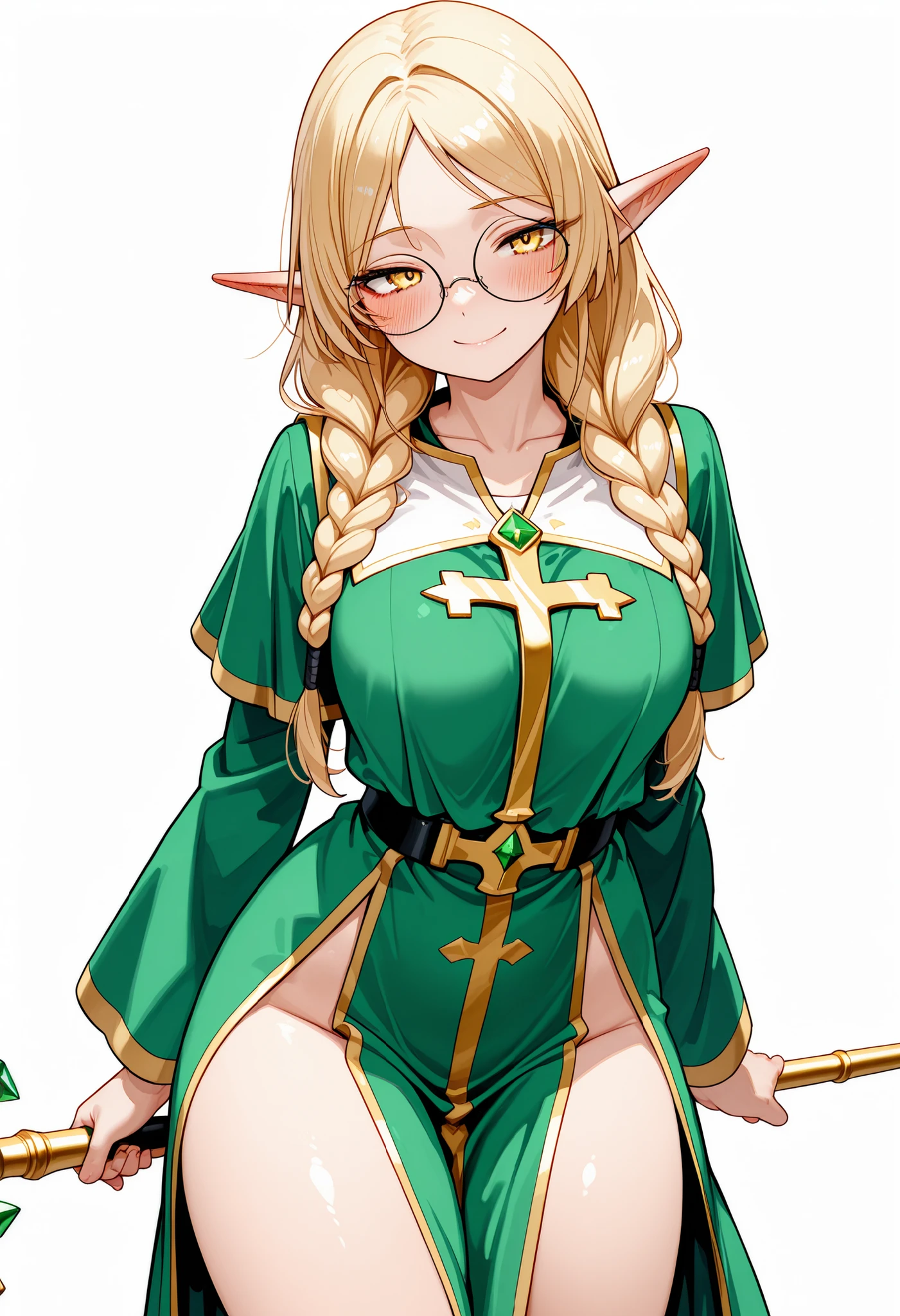score_9, score_8_up, score_7_up, score_6_up, score_5_up, score_4_up,
BREAK
(masterpiece: 1.0), best quality, perfect anatomy, perfect composition, perfection,
BREAK
cinematic lighting, cannedmos
BREAK
1girl, DND character art. Smile, elf, blush, fair skin, golden eyes, holding quarterstaff, golden and green cleric outfit, round glasses, double braids, front facing braids, simple background,blonde hair. Torso shot, collarbone