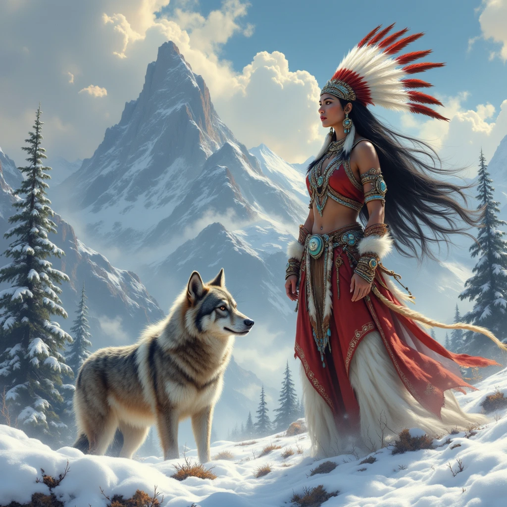 Young tantric priestess with tattoos and percings next to a wolf on an ultra-detailed photorealistic mountain --auto