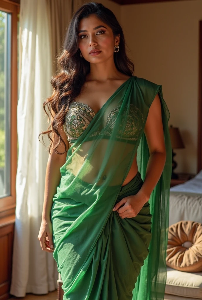 High definition quality photo, 20 years old girl, indian traditional look, green see through Saree,cute look , shy look, with beautiful eyes and lips, curly hair, purple Saree, after shower, wet , basket full of flowers, torn Saree, random nudity all over body,