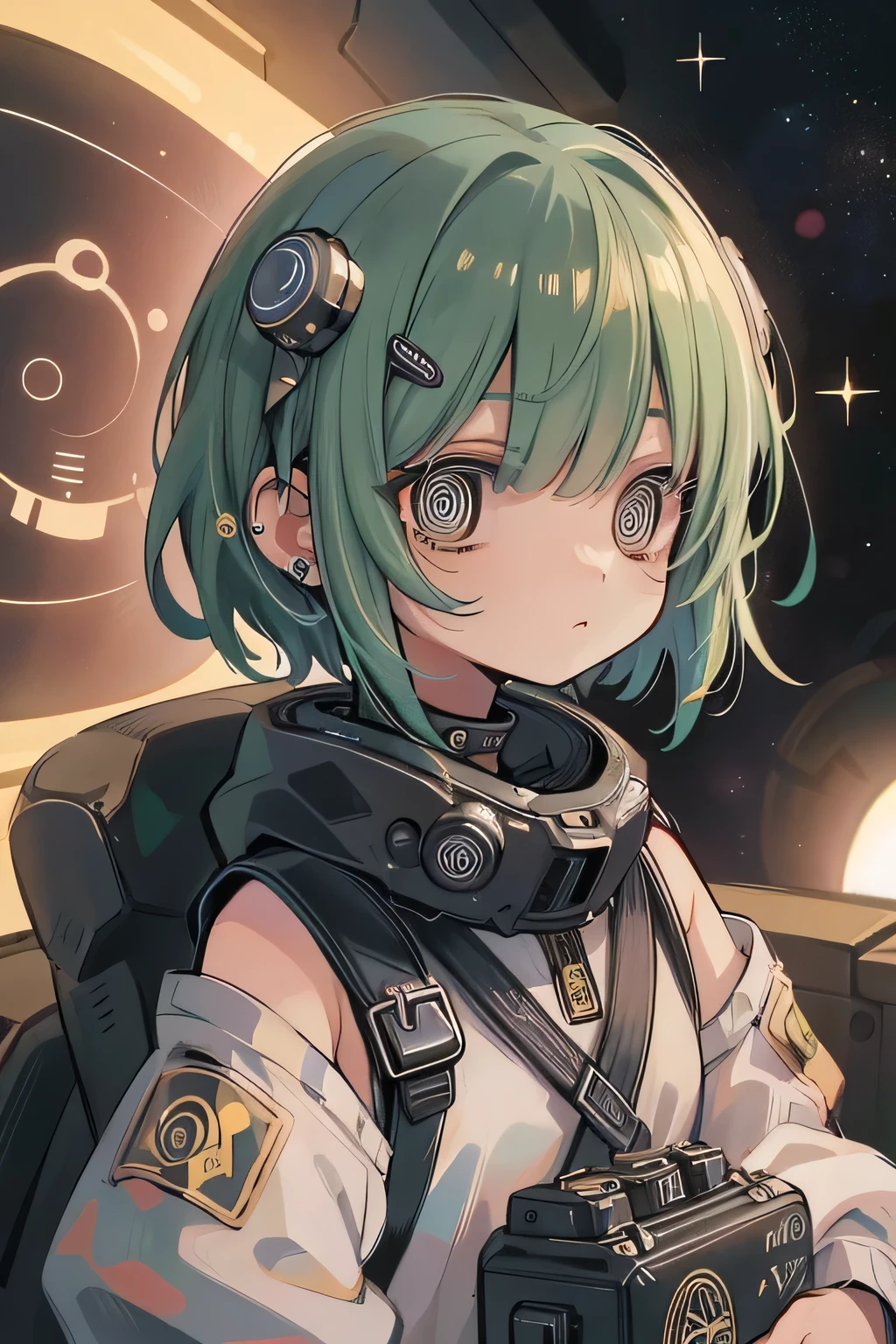 Space ship, captain future, comet, extremely fine and beautiful design, illustration, masterpiece,best quality, high resolution, 8k, sf,space fantasy, extremely beautiful and fain design, extremely fine and beautiful colors, An anime girl with shoulder-length green short hair and warm brown eyes, dressed in a sleek, black-and-yellow space pilot suit with metallic patches on her shoulders. background a planet with visible Universe Galaxy,space fantasy, comet,