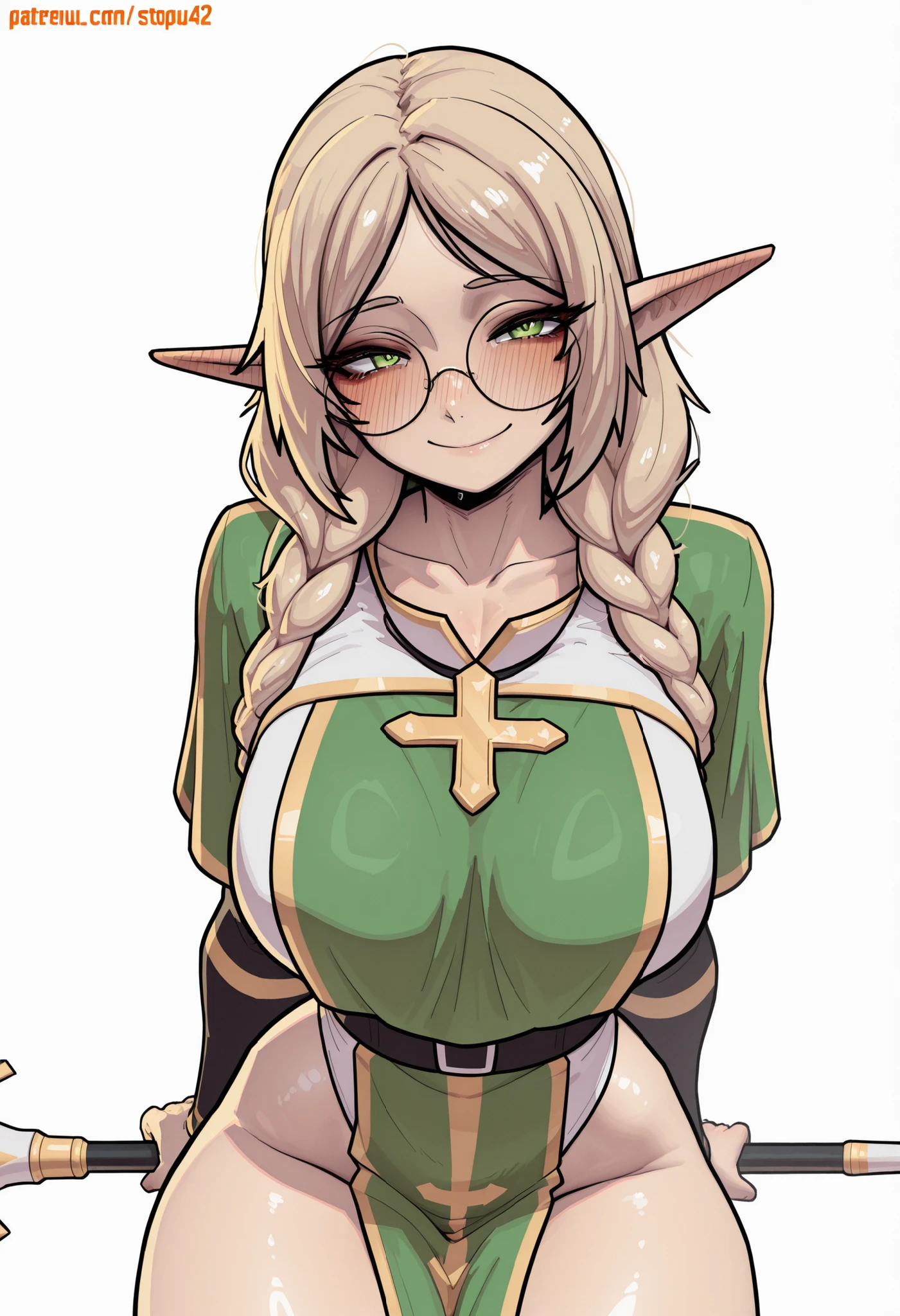 score_9, score_8_up, score_7_up, score_6_up, score_5_up, score_4_up,
BREAK
(masterpiece: 1.0), best quality, perfect anatomy, perfect composition, perfection,
BREAK
cinematic lighting, stopu42
BREAK
1girl, DND character art. Smile, elf, blush, fair skin, golden eyes, holding quarterstaff, golden and green cleric outfit, round glasses, double braids, front facing braids, simple background,blonde hair. Torso shot, collarbone