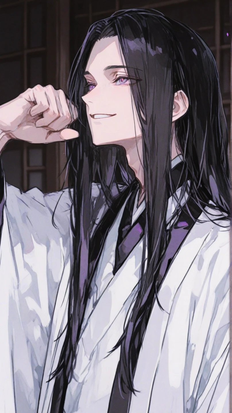 adult man, Long black hair, violet eyes, Thin, black kimono, Masterpiece, hiquality