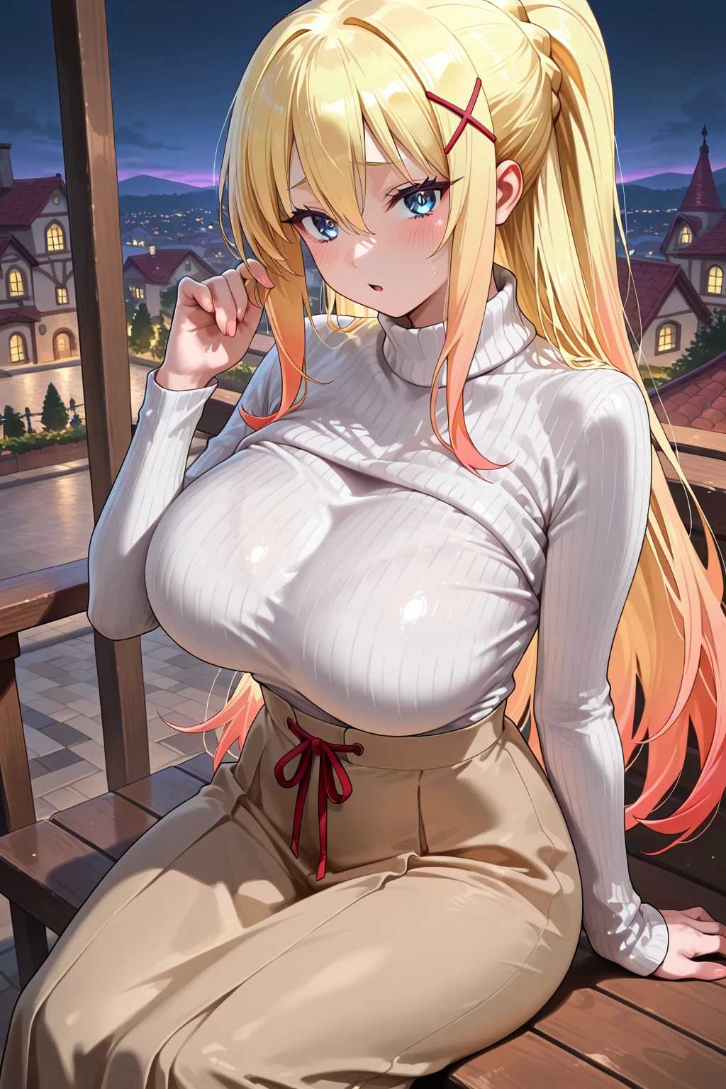 A woman with big ，Gorgeous woman，ahegao，((Exposed))，Expose，Transparent chest，Open chest sweater，Long blond hair，Exquisite，Smooth legs，rose Garden，Relax，