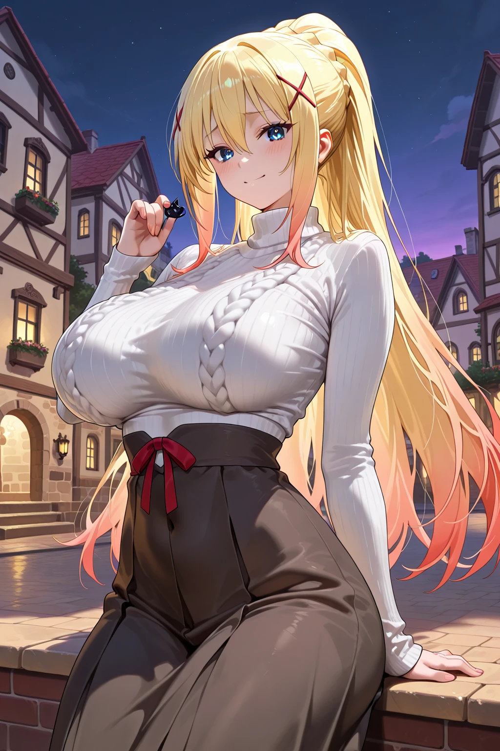 blonde hair color,long hair,hime cut,bangs without,The roots of the hair on both sides are raised,light brown eyes,corset, long skirt,earrings,huge breasts,Whipped thighs,slender,near,street background,SFW,perfect,high quality,faultless,smile