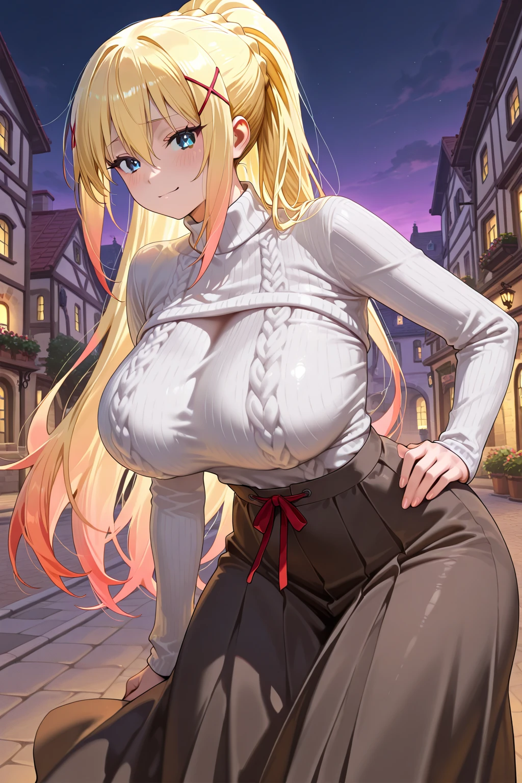 blonde hair color,long hair,light brown eyes,corset, long skirt,earrings,huge breasts,Whipped thighs,slender,near body,street background,SFW,perfect,high quality,faultless,smile