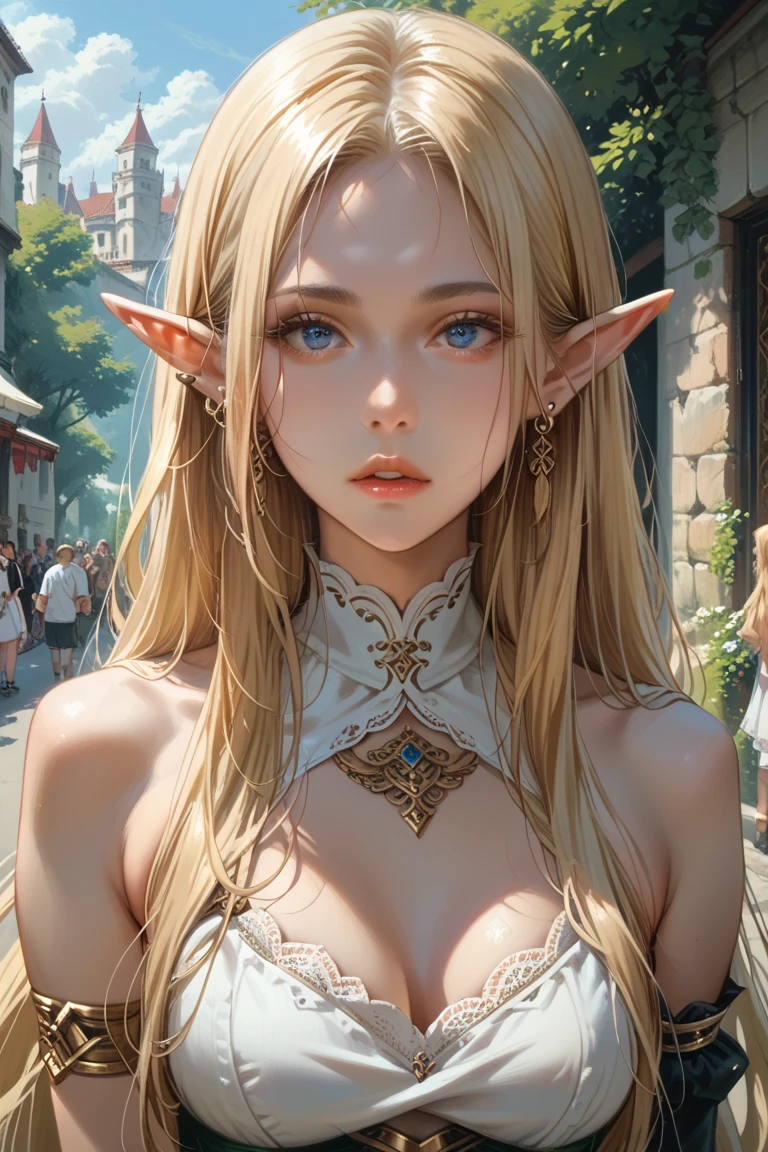 masterpiece, best quality, anime illustration,solo, soft light, sharp focus,1girl, solo, solo focus, picture of a beautiful mature woman, nature, goddess, celestine lucullus, blonde hair, head wreath, laurel crown, green eyes, o-ring, o-ring top, elf, pointy ears, ground camera, <lora:celestine-lora-v1.5-naivae-4ep-128dim:0.5>, <lora:Mild detail adjusterV10:1>