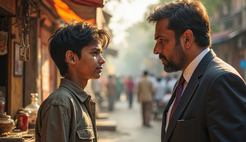 A poor boy looking at Rich man with the hope of help. But the rich man avoids eye contact with the boy and going away. Indian.
